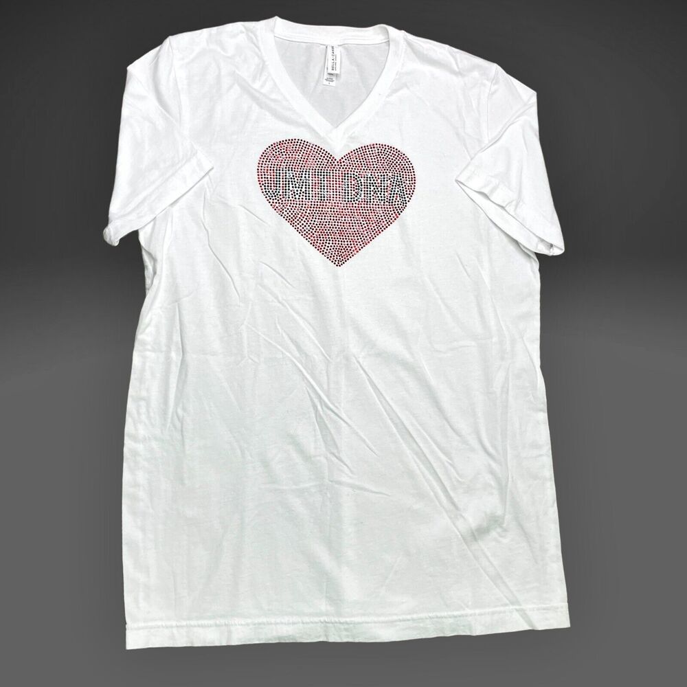 Bella Canvas White V-Neck T-Shirt Rhinestone Heart MDNA Graphic Tee